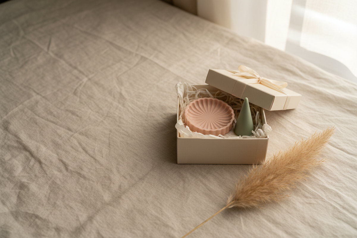 A Form Folly gift card beside a sculptural dish